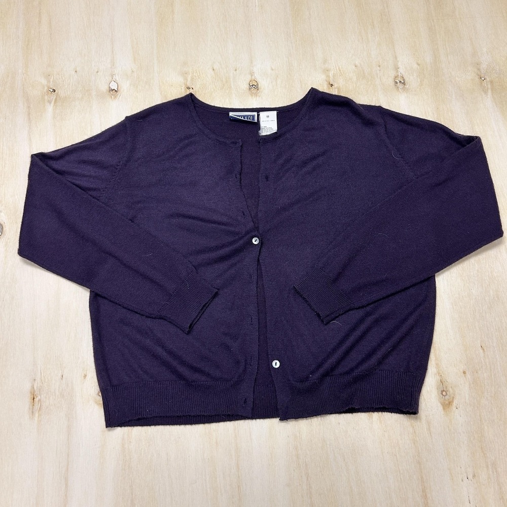 Erika & Co. Cardigan Sweater Womens Medium Purple Crew Neck Pockets Tight-Knit